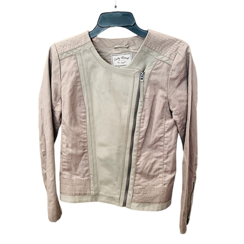 Lucky Brand 100% lamb leather & linen moto biker jacket full zip SZ S taupe